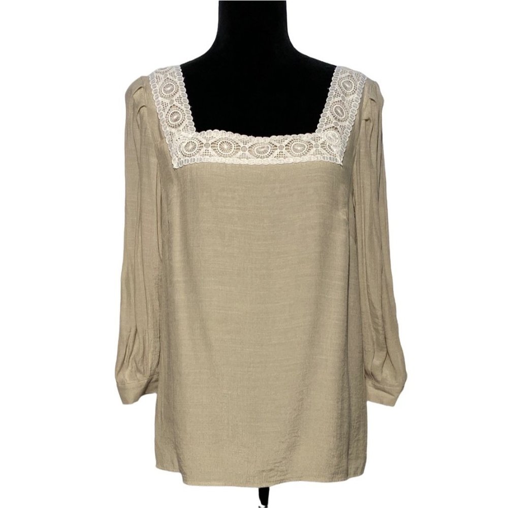 Nanette Lepore Blouse M Boho Oatmeal Beige White Crochet Lace Trim 3/4 Sl Top